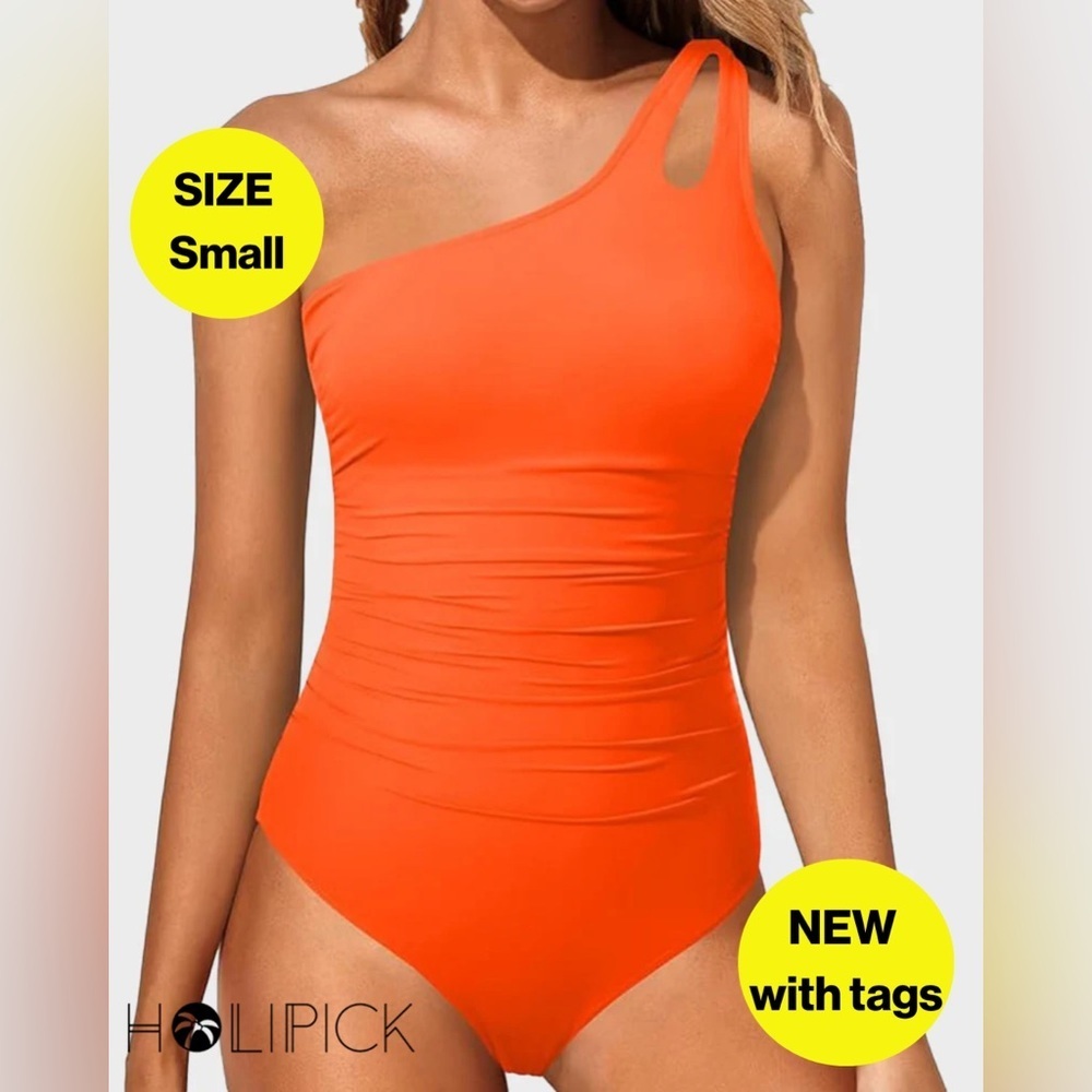 NEW w TAGS 🏷 2/for $20 HOLIPICK Neon Orange One-Shoulder, 1-Piece Swimsuit